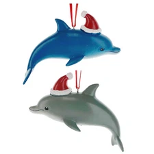 Dolphin Santa Hat Ornament 2 Holiday Christmas Decorations Beach Coastal Ocean