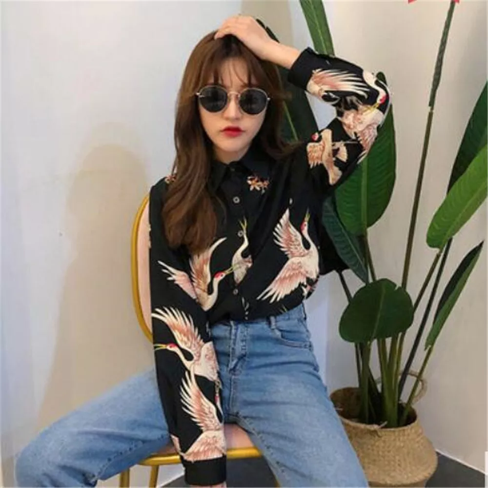 Women Japanese Style Crane Print Long Sleeve Black Shirt Top Black