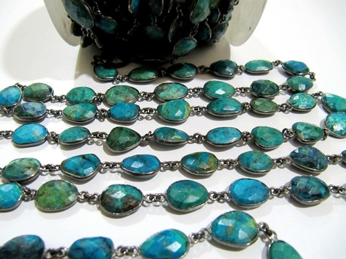 Natural Chrysocolla Briolette faceted Size 10 to 15mm Connector Bezel Chain - Picture 3 of 20