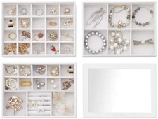 Vlando Stackable Jewelry Trays Organizer Set with Clear Lid - White Faux Leather