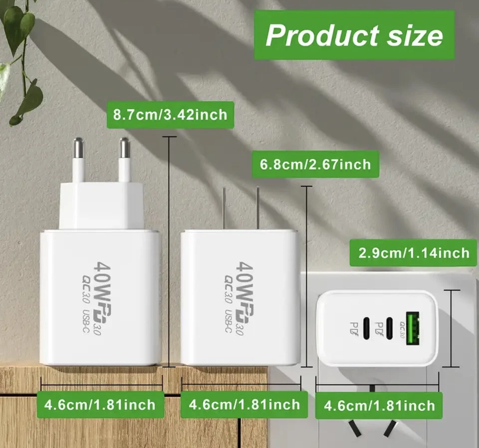 3-fach Schnellladegerät 40W Netzteil USB C Ladegerät inkl. 2 Meter USB C Kabel - Bild 4 von 4