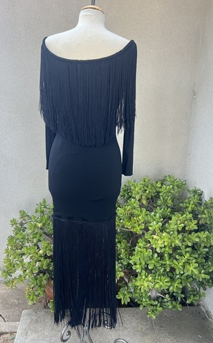 Vtg Maxi Dress Black Long Fringe Jersey Sz 8 Small By Jill Richards - Picture 2 of 13
