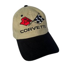 Vintage Corvette Flag Hat Cap Cotton Embroidered Checkered Head To Toe Tan