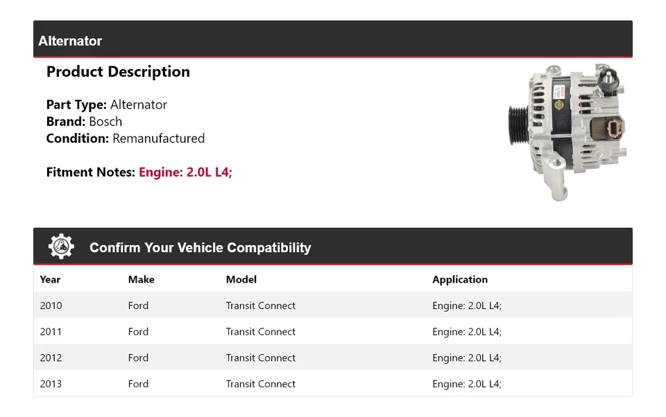 Alternador Bosch 2,0 L L4 para Ford Transit Connect 2010-2013 (remanufacturado) Foto 2 de 4