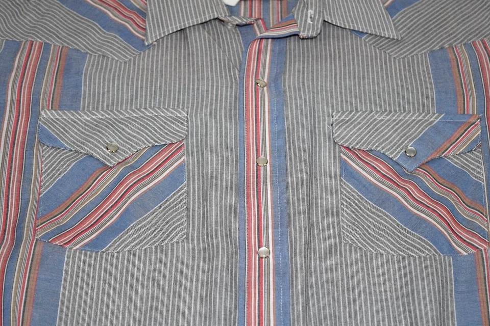 Camisa Western Vintage Mango Delgada Talla XL/2XL Años 70 Rayas de Riel Azul Magenta Foto 3 de 4
