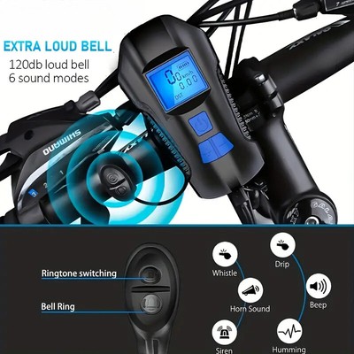 3in1 Bicycle Front Light with Horn Light USB Rechargeable Waterproof Speedometer