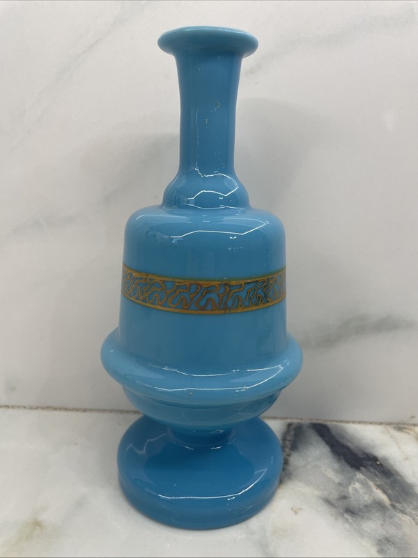 Vtg French Blue Opaline Gilded Hand Blown Glass Perfume Bottle 7”