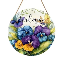 Anyako Welcome Spring Blue Purple Flowers Door Sign For Front Pansy Dragonfly