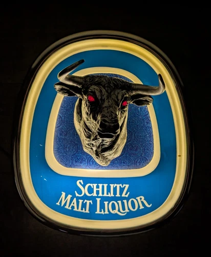 Vintage 1985 Schlitz Malt Liquor Lighted Beer Sign Ad Bull Red Eyes
