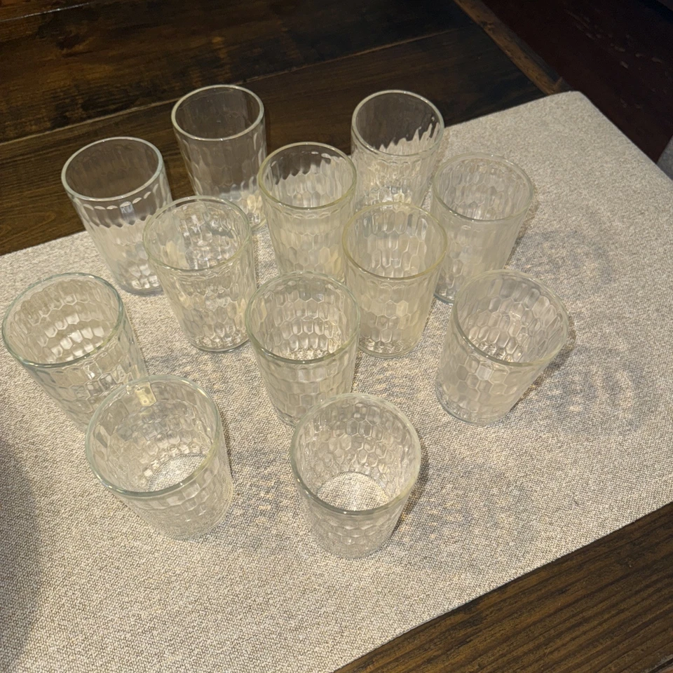 "Juego de 12 vasos de jugo ópticos hexagonales vintage de vidrio transparente de 4""" Foto 2 de 4