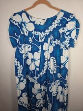 VTG Royal Hawaiian 44 Large Blue White Bark Cloth Maxi Dress MuuMuu Made Hawaii