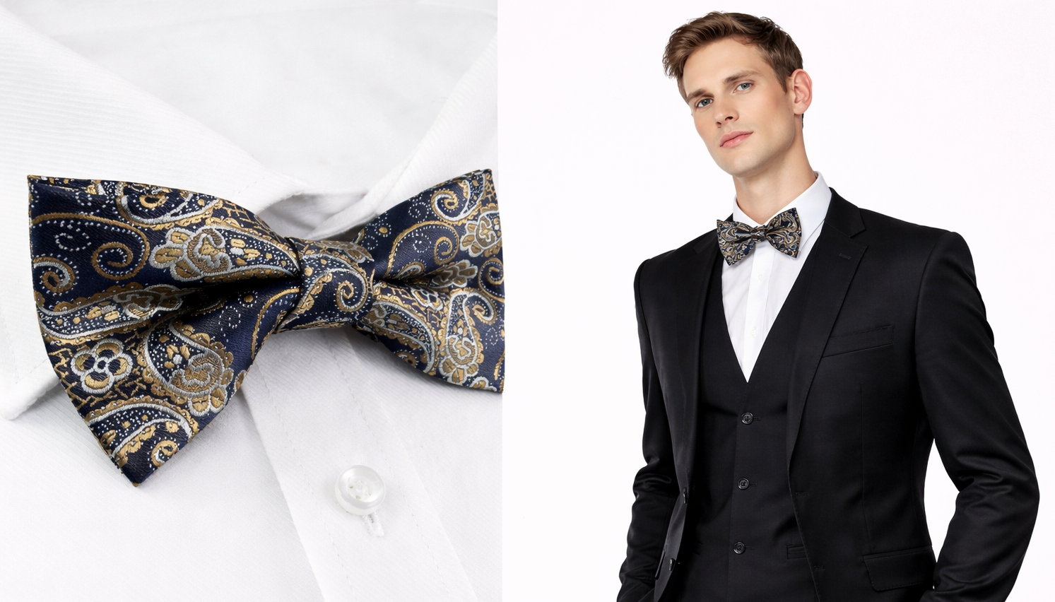 Gold Paisley Men's Bow Tie Brown Pre Tied Navy Floral Collar Tuxedo Dickie Silk