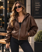 Women's Genuine Sheep Leather Brown Hooded Bomber Jacket Zip Up Casual Coat
