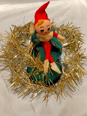 Vintage Japanese Green Felt BOOT HOLDING GIRL CHRISTMAS ELF PIXIE