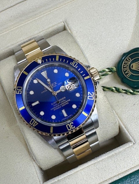 ROLEX BLUESY SUBMARINER 18K AND STEEL REHAUT WITH PAPERS 16613LB