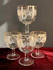 Vintage 40’s/50’s Bartlett Collins Frosted Grapevine Goblets Gold Rim Set Of 4