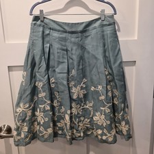 Talbots Women's Pleated Teal 100 Linen Embroidered Floral Skirt A line Size 8