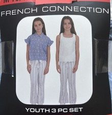 French Connection Youth Girls 3 PC Outfit Set Blue Button Up Pants MEDIUM 10/12