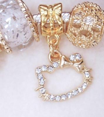 GOLDEN BOW LOVE MY HELLO KITTY CAT WHITE CZ BRACELET CHARM DANGLE BEAD & POUCH!
