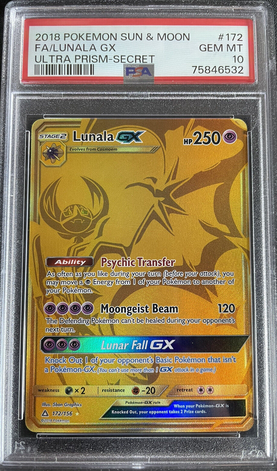 Pokémon Lunala GX Gold Secret Rare 172/156 Ultra Prism Rarest Card