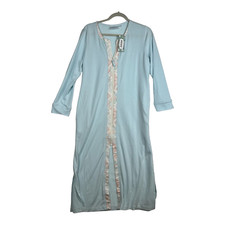 National Womens Blue Zip Front Lounger Robe Floral Trim Petite Small NWT