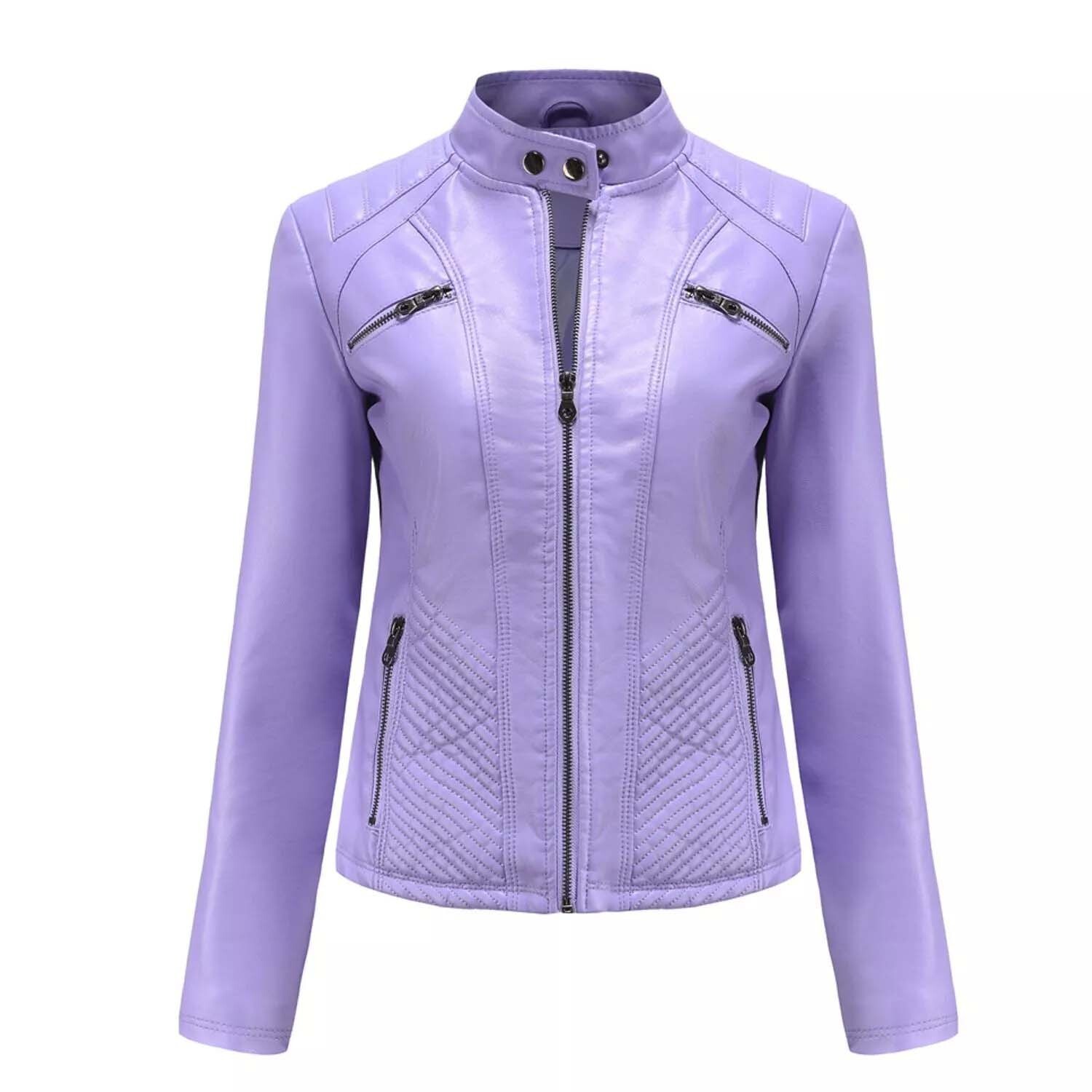 Women's Purple Leather Biker Jacket 100% Sheepskin Motorcycle Coat