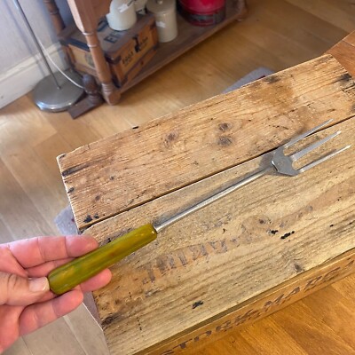 Vintage Tranchiergabel Utensil - gelb/grün Bakelit / Phenolgriff - Top!