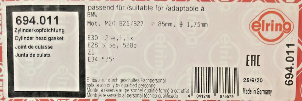 Elring Zylinderkopfdichtung 694.011 - Für BMW 325i, 525i Verschiedene Modelle