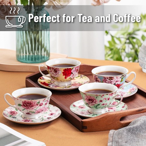 Floral Tea Cups and Saucers Set of 4 7oz With Gold Trim and Gift Box Cappuccino - Picture 3 of 9