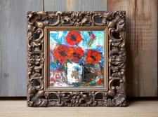 Original Oil Painting Red California Poppies in Vase Abstract Impasto Painting