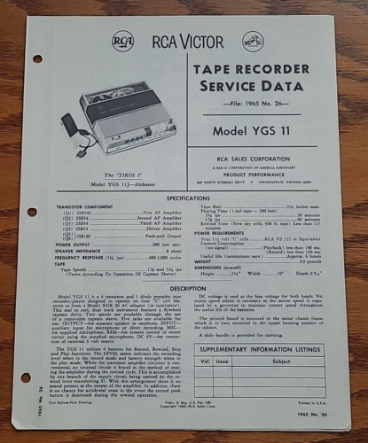 Vintage RCA Victor Tonbandgerät Service Datenmodell VGS 11 1965 Nr. 26 The Tiros - Bild 1 von 5