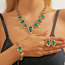 3 Pieces Green Crystal Necklace Earrings Bracelet Set Women Wedding Jewellery