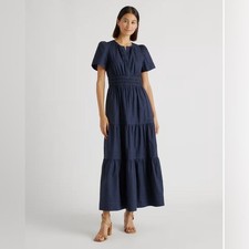 Quince women’s 100% Organic Cotton Poplin Tiered Maxi Dress navy Size M NWT