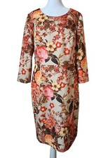 TALBOTS 10 Sheath Dress Fall Floral Print Peony Rose 3/4 Sleeve Beige Knee