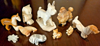 10 Vintage Mexican Carved Onyx Animals: Dogs, Bear, Seal, Frog, Horse, Elephant!