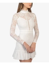 B DARLIN Womens Stretch Lined Long Sleeve Mock Neck Mini Party Fit + Flare Dress