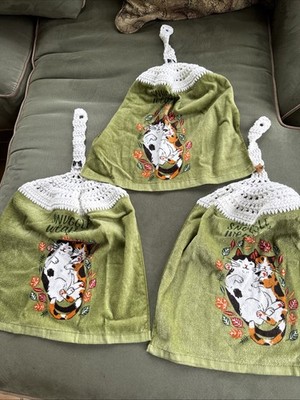 3 Cats Kitchen Dish Towels with Crochet Tops Towel Set, Handmade