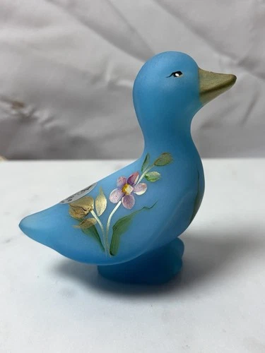 Vintage Fenton Turquoise Satin Floral Duckling Figurine *D.Robinson*