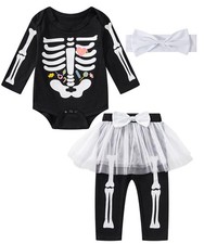Newborn Baby Girls Skeleton Halloween Skull Tulle Skirt Romper Pants Set 6-12