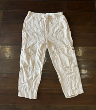 Free People White Linen Cargo Pants Straight Leg Relaxed Fit Pockets Drawstring