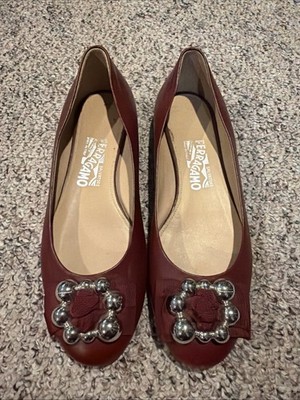 Salvatore Ferragamo ''Flair'' Leather Unique Metallic Buckle Detail Flats Size: 8C