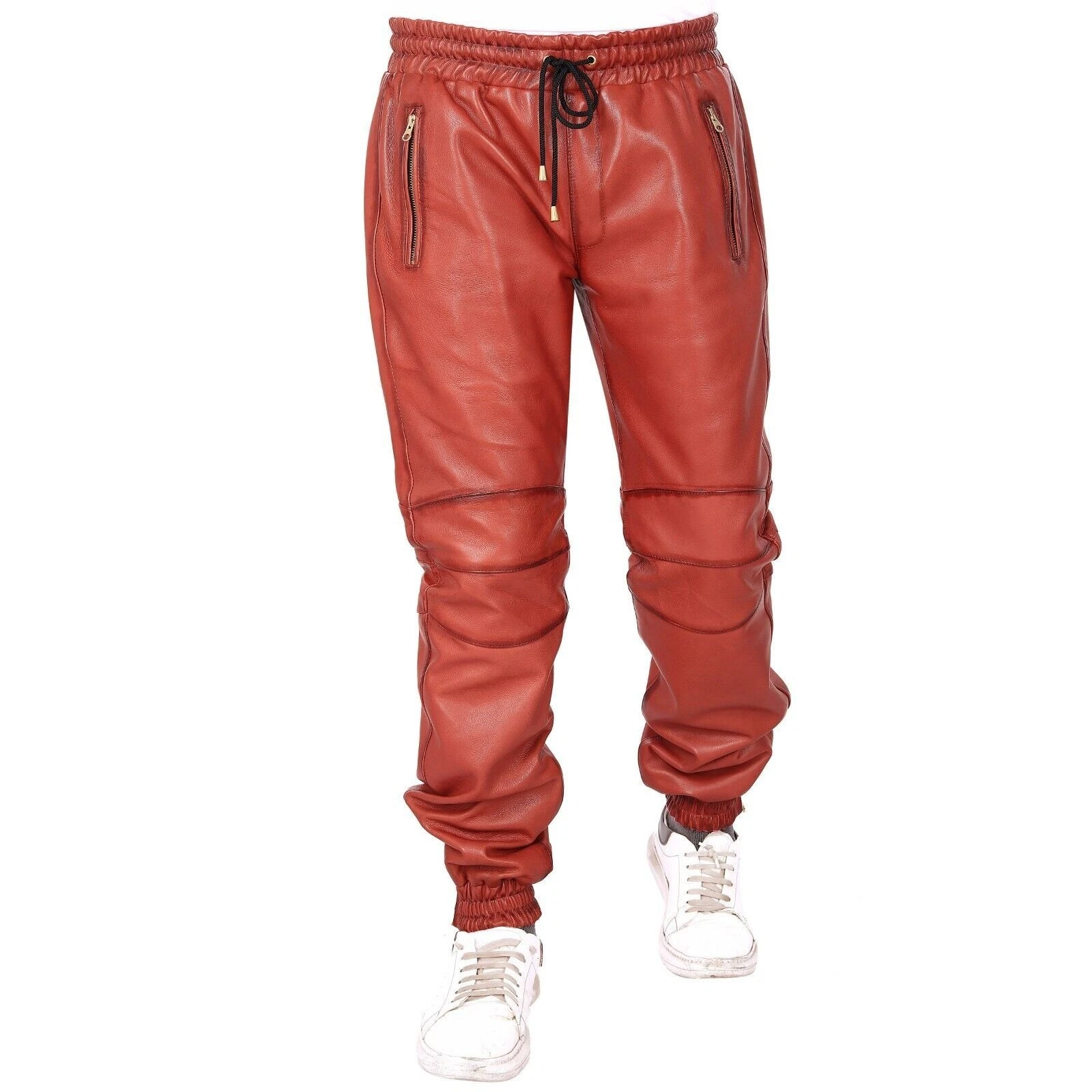 Red Leather Joggers Men's Drawstrings Soft Genuine Leather Joggers Elastic