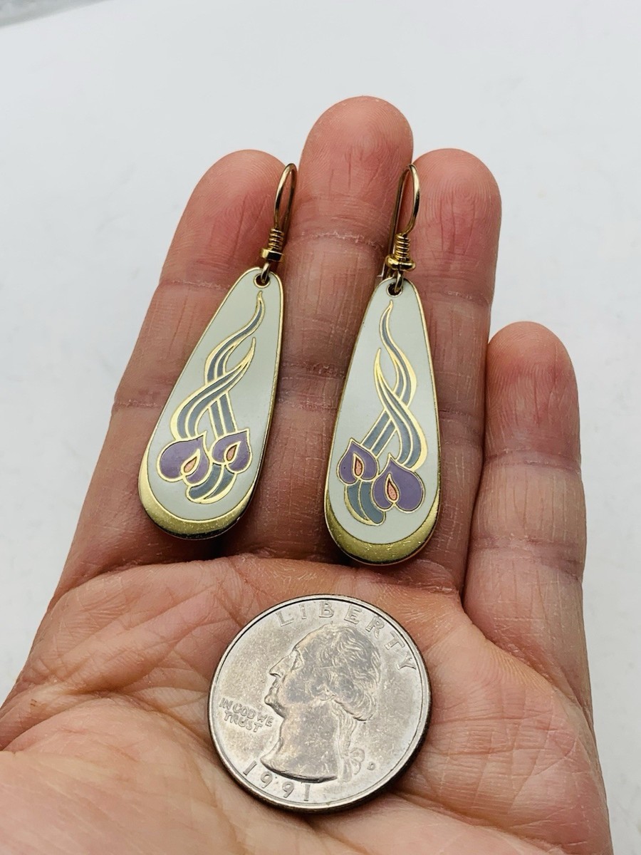 Vintage Laurel Burch Wild Anthurium Pastel Purple Lily White Enamel Earrings View 6