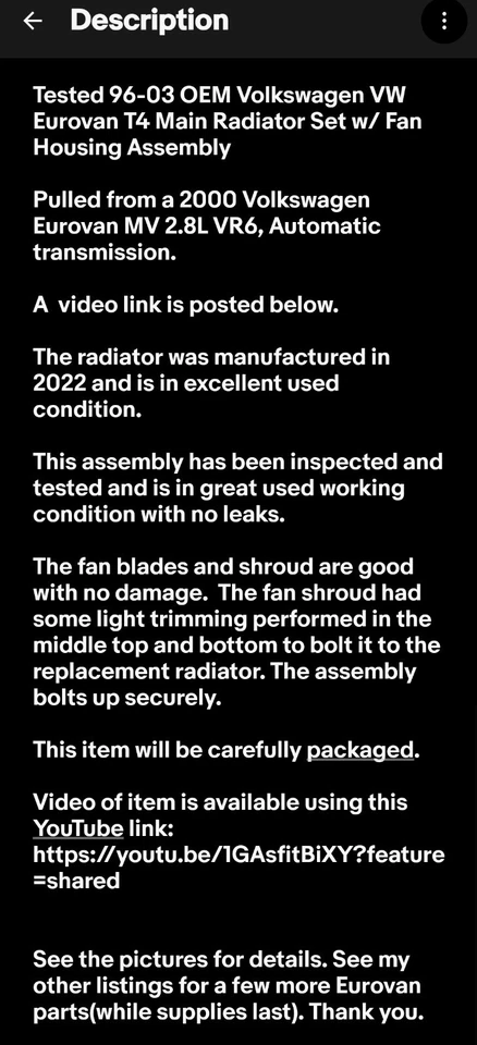 ✅ 96-03 Juego de radiadores principales OEM Volkswagen VW Eurovan T4 con conjunto de carcasa de ventilador Foto 2 de 4