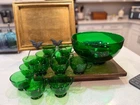 vintage Anchor Hocking forest green glass punch bowl & cups set,