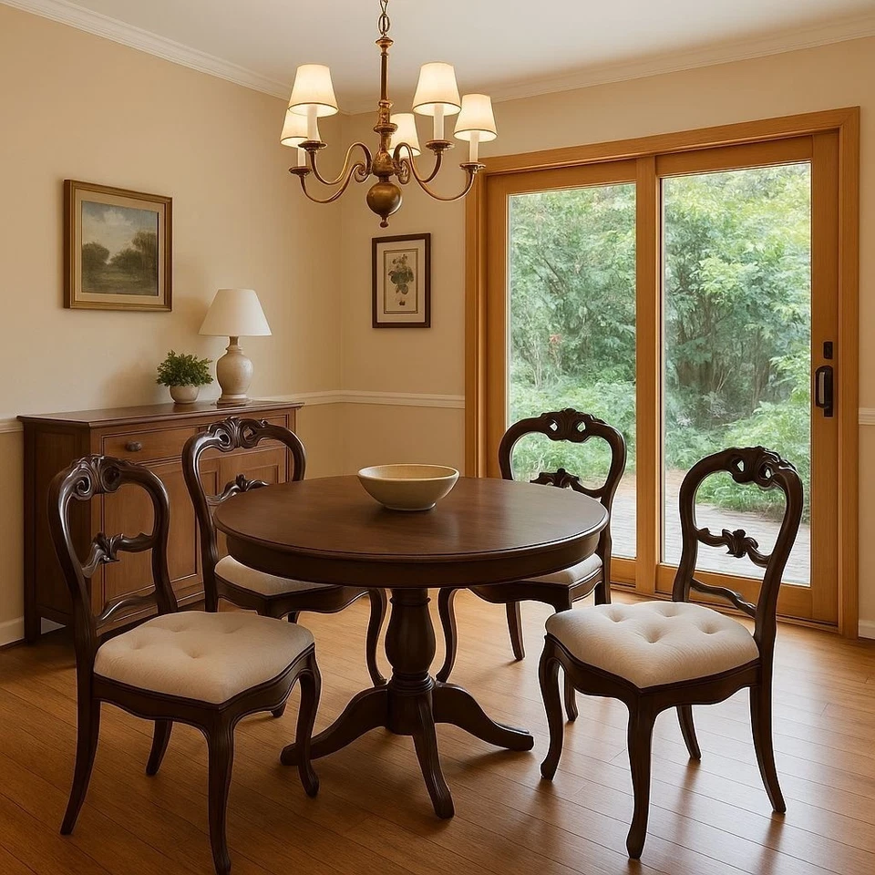 4 sillas resistentes antiguas talladas tapizadas de madera dura Empire con respaldo de globo - $745.00 Foto 2 de 4