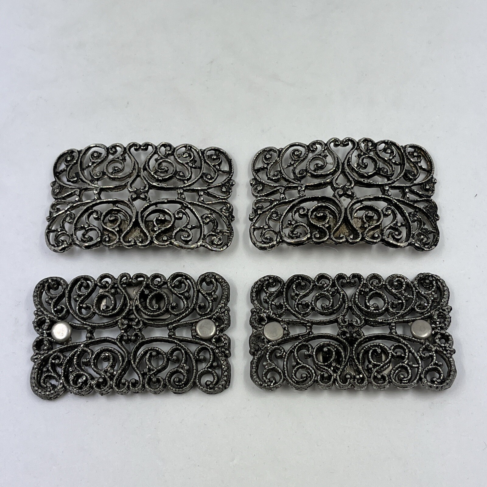 Vintage Silver Tone Ornate Shoe Clips Buckle Metal Pair Rectangle Set Of 2
