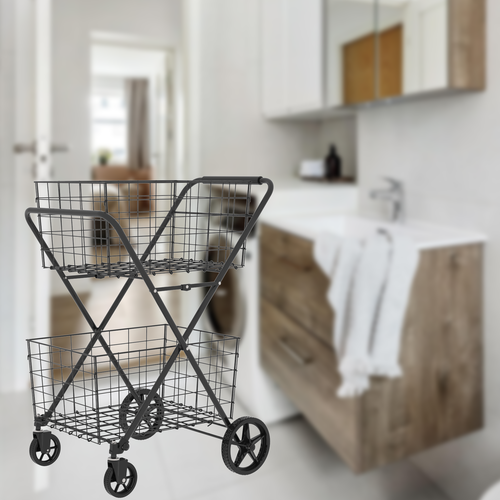 Foldable Utility Shopping Cart W/ 2 Baskets Utility Cart for Laundry Shopping - Picture 8 of 9