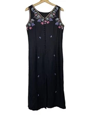 Linen Maxi Shift Dress Women 10P Floral Embroidered Sleeveless Y2K Vtg Modest