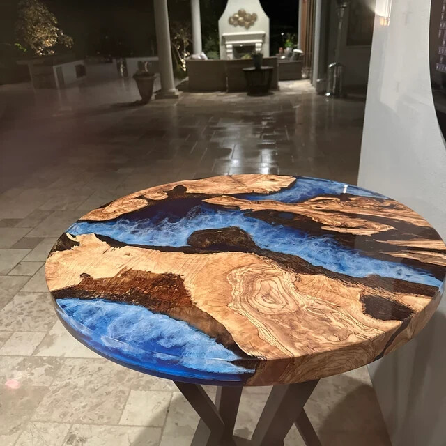 Epoxy wood table with ocean design for desk or lamp-image
